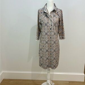 Gretchen Scott Designs Beige and White Geometric Midi Shirt Dress